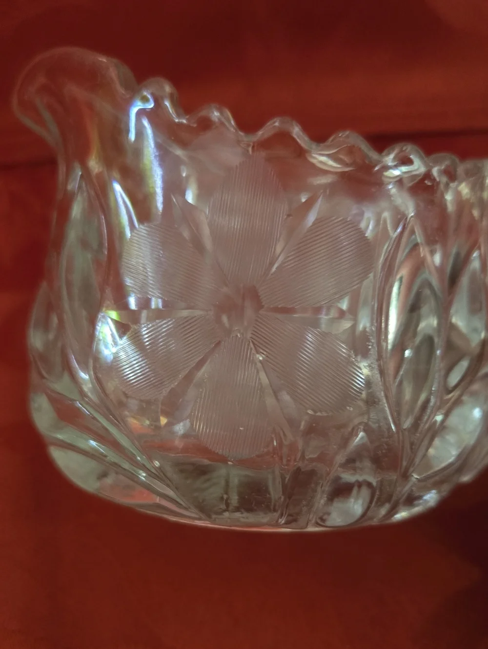 EAPG Etched Glass Creamer and Sugar Set With Sawtooth Edge And Daisy Pattern